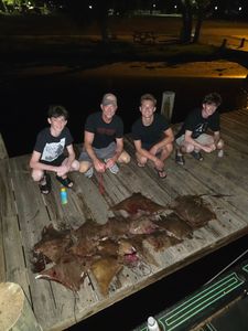 Fresh caught stingrays displayed on wooden dock after successful fishing trip in Orange Beach AL