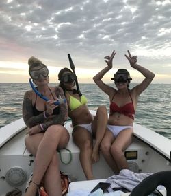 Snorkeling gear on fishing boat in Islamorada FL waters at sunset