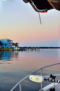 Peaceful evening view from the boat — calm Destin waters at sunset.