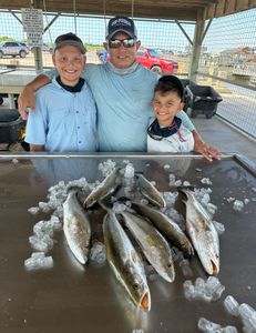 3 people fishing with 4 big fish at Matagorda