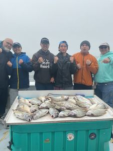 Successful fishing trip in Greenport NY with large catch of fish displayed on boat deck