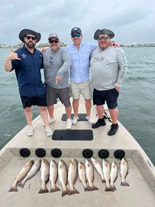 Eight redfish laid out on boat deck after successful fishing trip in Rockport TX