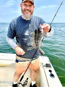 A person fishing for a sea bass in New Jersey
