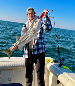 Striped bass caught fishing in Port Monmouth Road NJ waters from boat