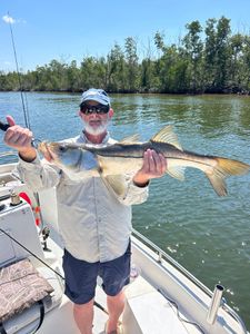 Angler holding caught snook fish on fishing boat in Punta Gorda FL waters