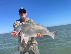 Angler holding a black drum fish in Corpus Christi