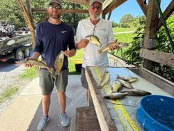 2 people fishing for 5 blasted fish in Branson