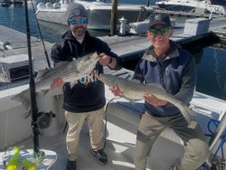 Two anglers fishing for striped bass in NY