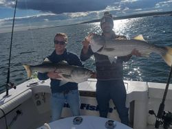 Two anglers fishing for striped bass in New York City