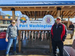 Fresh caught Coho salmon displayed at Port Washington WI marina fishing dock