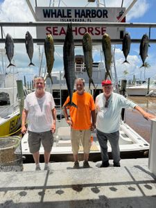 Eight fish hanging on display rack at Whale Harbor marina in Islamorada FL including wahoo, blackfin tuna, and mahi mahi