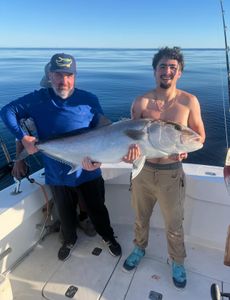 Two anglers holding a large Greater Amberjack on a fishing boat in New Port Richey, Florida waters