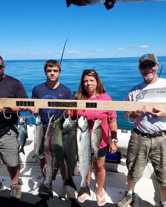 5 rainbow trout and chinook salmon caught while fishing in Oswego