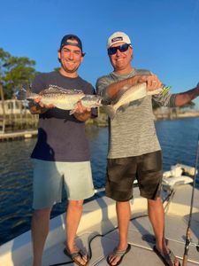 Two spotted weakfish, 17 inches long, caught while fishing in Charleston