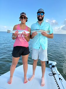 Two caught fish displayed on fishing boat in Port Aransas TX waters