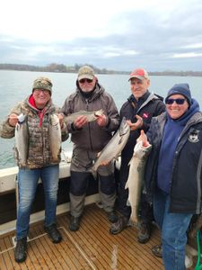 Four anglers fishing for bluefish and rainbow trout in New York