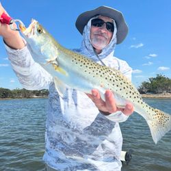 Angler holding speckled trout catch while fishing in Tarpon Springs Florida waters
