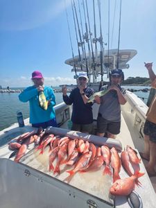 Successful fishing trip in Gulf Shores AL with large catch of red snapper and mahi mahi displayed on boat deck