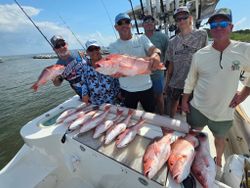 Successful red snapper fishing trip in Gulf Shores AL with multiple fish displayed on boat deck