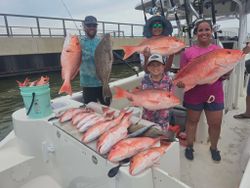 Successful red snapper fishing trip in Gulf Shores AL with multiple large fish displayed on boat deck