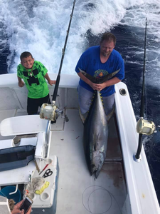 Fisherman catches a big yellowfin tuna in Hawaii