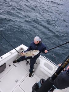 Angler holding caught gag grouper on fishing boat in Fort Walton Beach FL waters