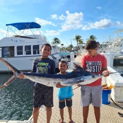 Fishermen reeling in a massive Blue Marlin in Cayman Islands