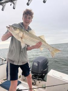 Striped bass caught by fisherman in Freeport