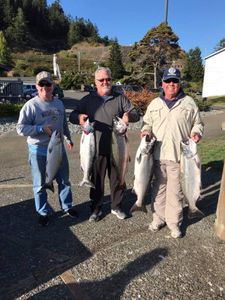 Five coho and chinook salmon in an OR fishing scene