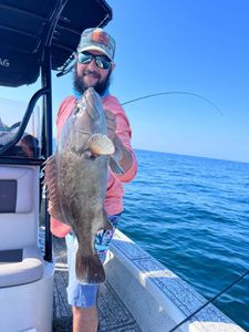 A single fisherman reeling in a large catch at Riverview