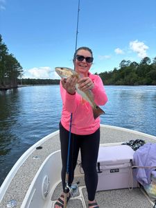 Angler holding freshly caught fish on boat in Orange Beach AL waters