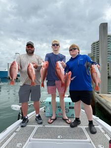 Red snapper fishing catch at Orange Beach Alabama with six fish displayed on boat deck