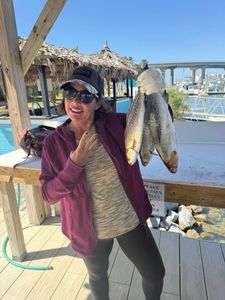 Two speckled trout caught fishing in Orange Beach Alabama displayed on wooden dock
