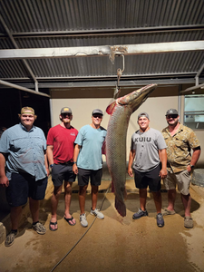 An image of a fisherman catching an alligator gar in TX