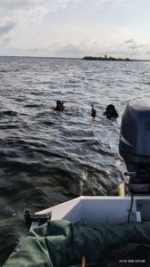 Scuba divers in water near fishing boat with outboard motor in Brooksville FL waters