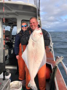Pacific Halibut, a 45-inch fish, caught while fishing in Erie