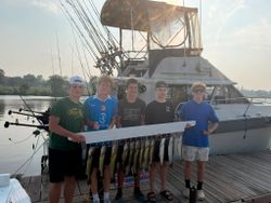 Successful walleye fishing trip in Superior WI showing multiple caught fish displayed on dock with fishing boat in background