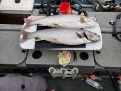 Two fishermen cruising and fishing at Knife River