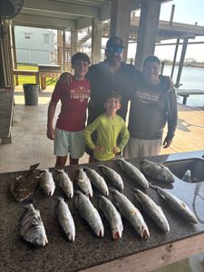 A group of 4 people fishing and hunting for 8 black drum, spotted weakfish, and bluefish in Matagorda