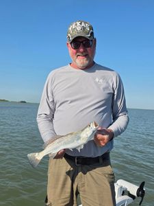 Angler holding a spotted weakfish in TX