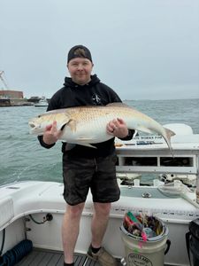 Large redfish caught while fishing in Norfolk VA waters, displayed on fishing boat deck