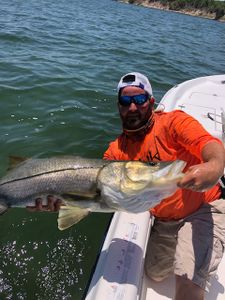 Angler reeling in a 25-inch fish while fishing in FL