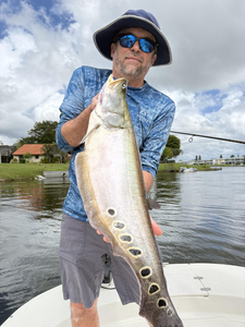 Great catch using light tackle trolling! Partly cloudy conditions made for perfect fishing.