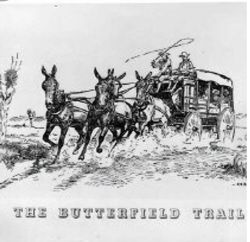 Historic black and white illustration showing horse-drawn stagecoach on the Butterfield Trail in Yuma AZ