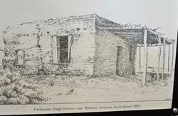 Historic sketch of Filibuster Stage Station ruins near Wellton Arizona built around 1857 showing deteriorated adobe walls and wooden frame structures