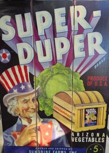Vintage Super Duper brand vegetable crate label featuring Uncle Sam character and lettuce illustration from Yuma Arizona