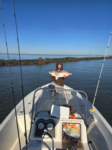 Angler catches a black drum fish in Port Arthur