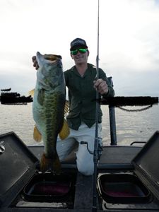 Angler holding large bass fish on fishing boat in Davie FL