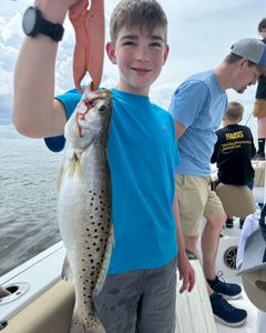 Photograph of a spotted weakfish, a 22-inch fish caught while fishing in Manteo.