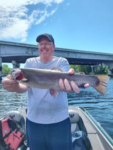Angler holding a 30-inch rainbow trout in Branson